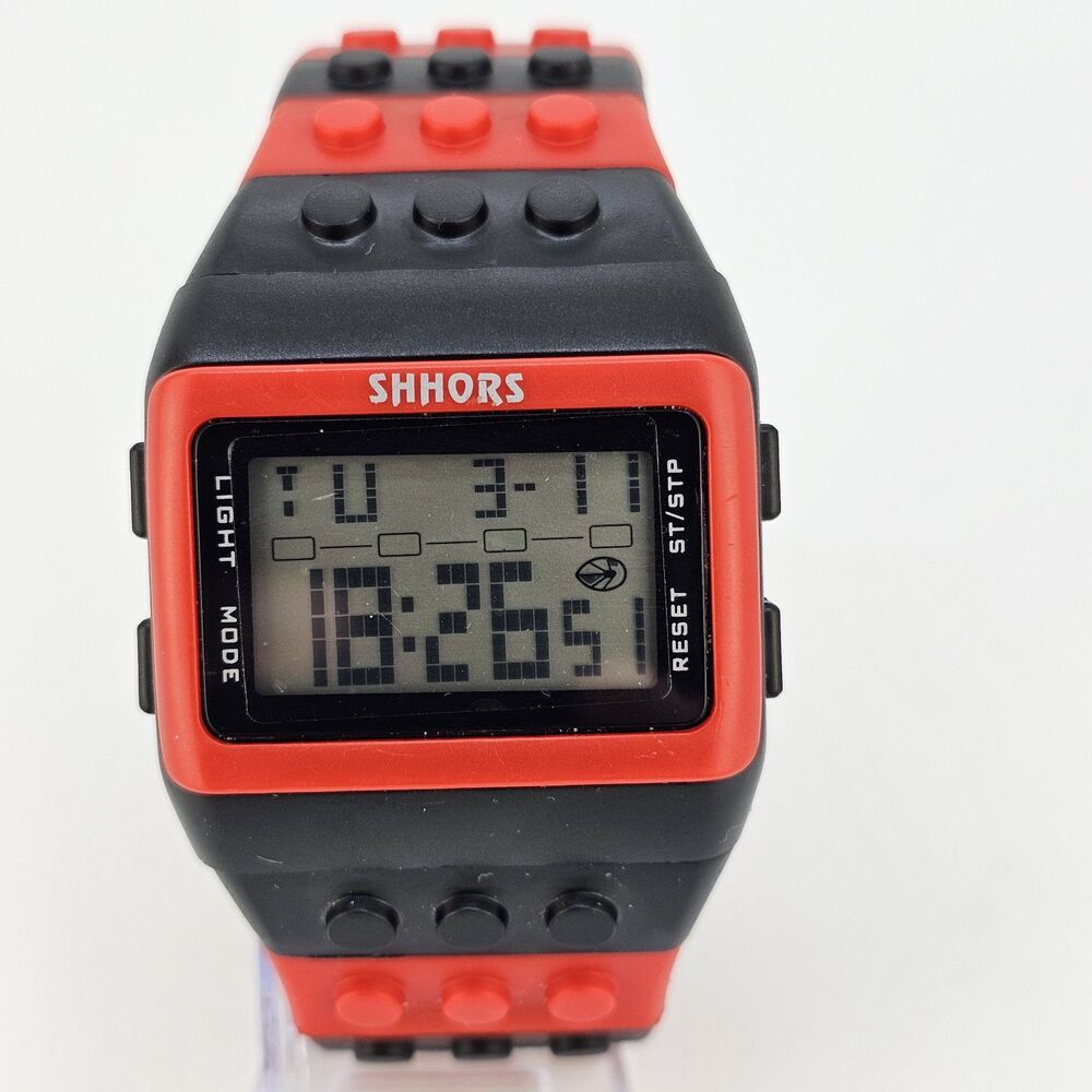 SHHORS Men's Watch‎ 43MM Red Black Building Block Lego Digital 7" New Battery